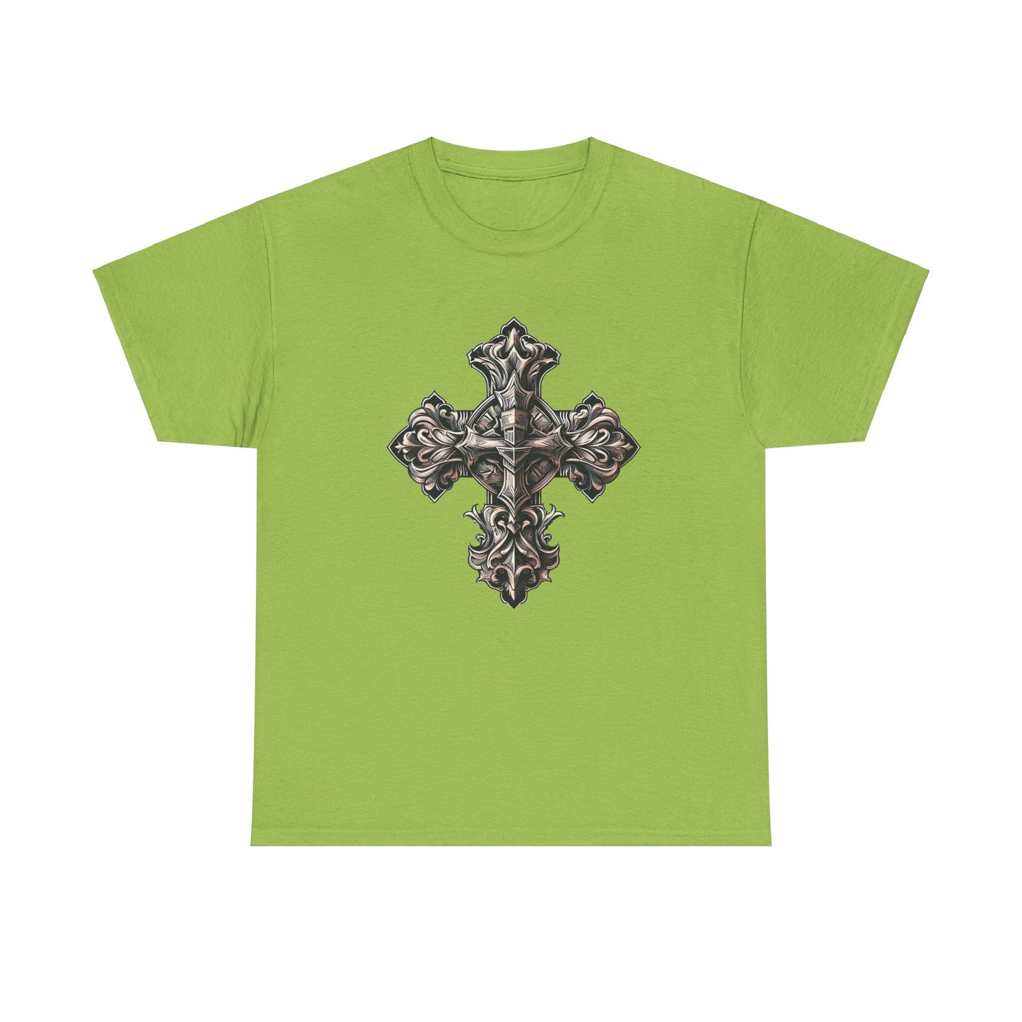 Unisex Heavy Cotton Tee with Wooden Cross Design