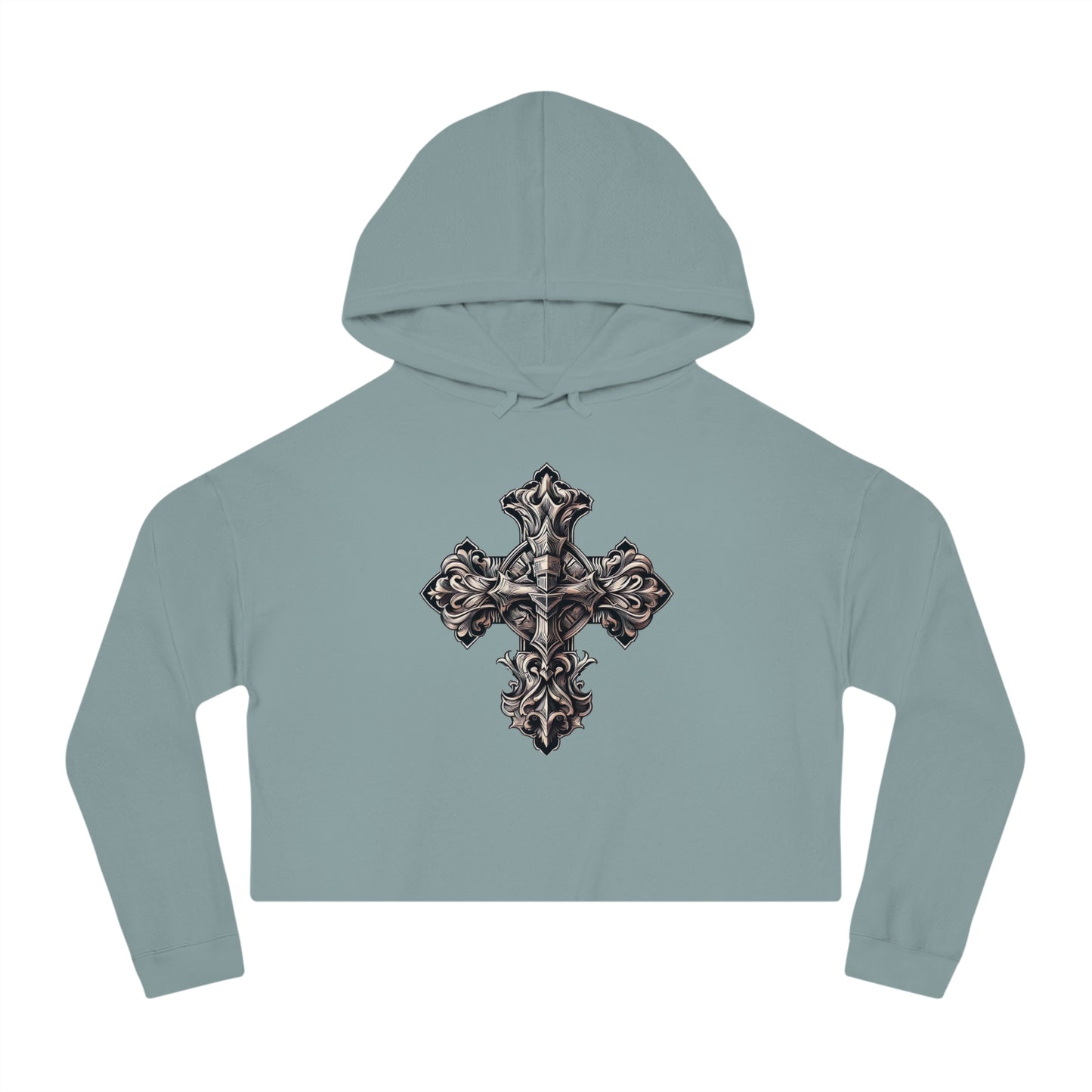 Cropped Hooded Sweatshirt with Decorated Wooden Cross Design