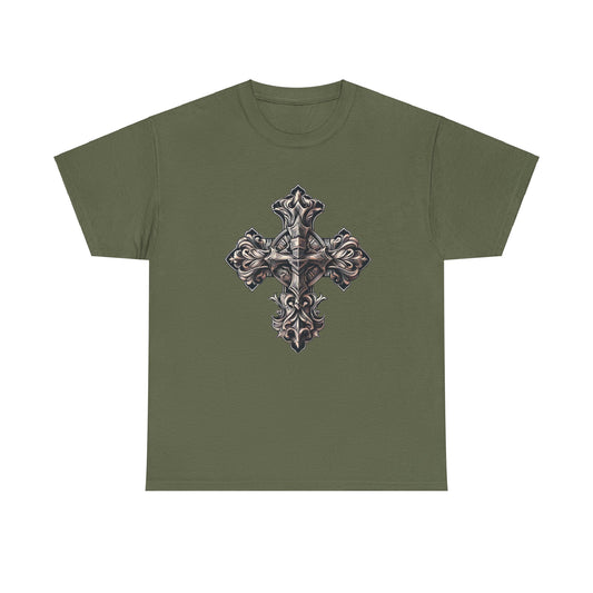 Unisex Heavy Cotton Tee with Wooden Cross Design