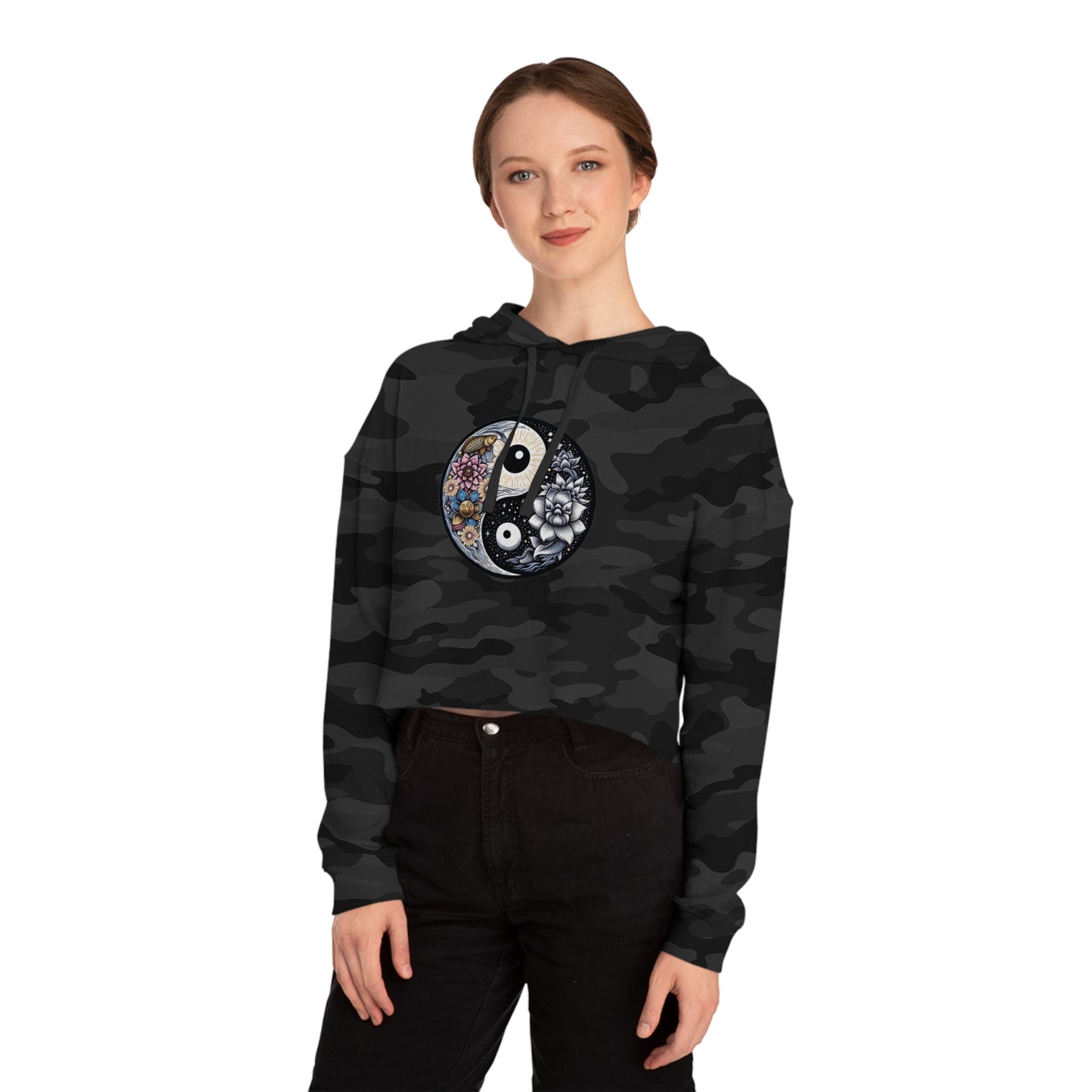 Women’s Cropped Hooded Sweatshirt with Yin Yang Design