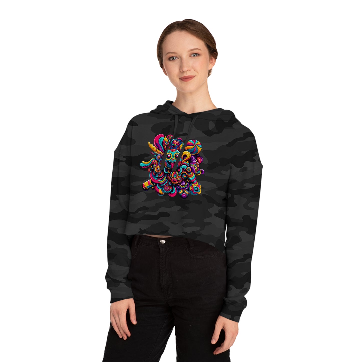 Women’s Cropped Hooded Sweatshirt with Cheerful Smiley