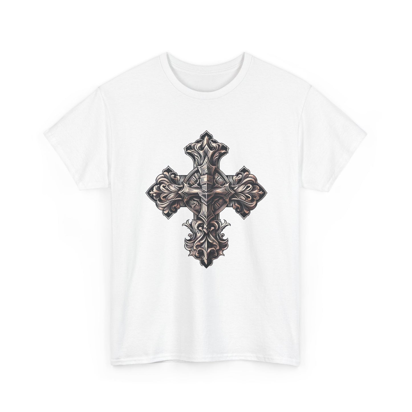 Unisex Heavy Cotton Tee with Wooden Cross Design