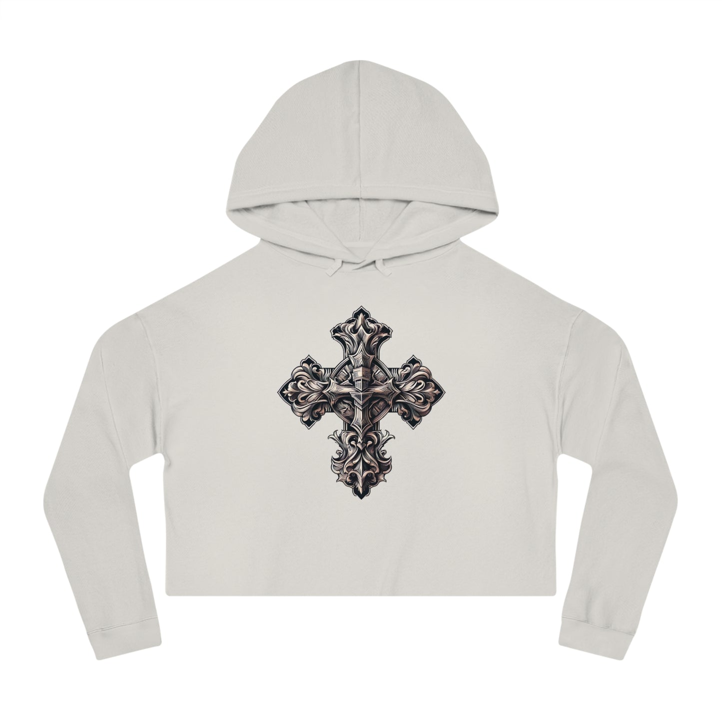 Cropped Hooded Sweatshirt with Decorated Wooden Cross Design