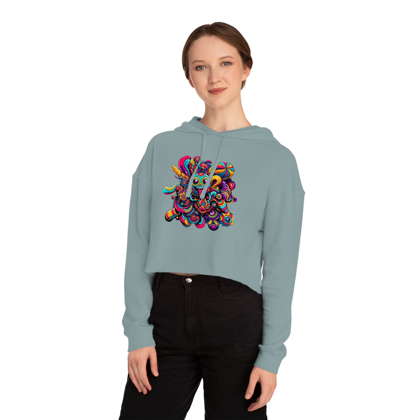 Women’s Cropped Hooded Sweatshirt with Cheerful Smiley