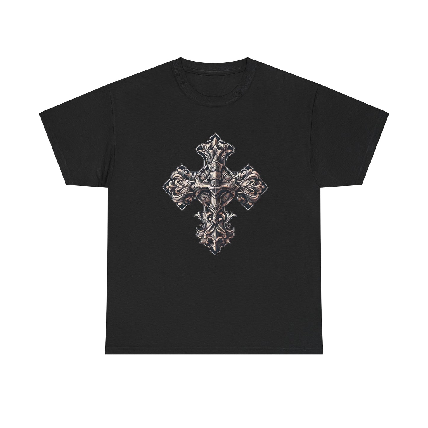 Unisex Heavy Cotton Tee with Wooden Cross Design