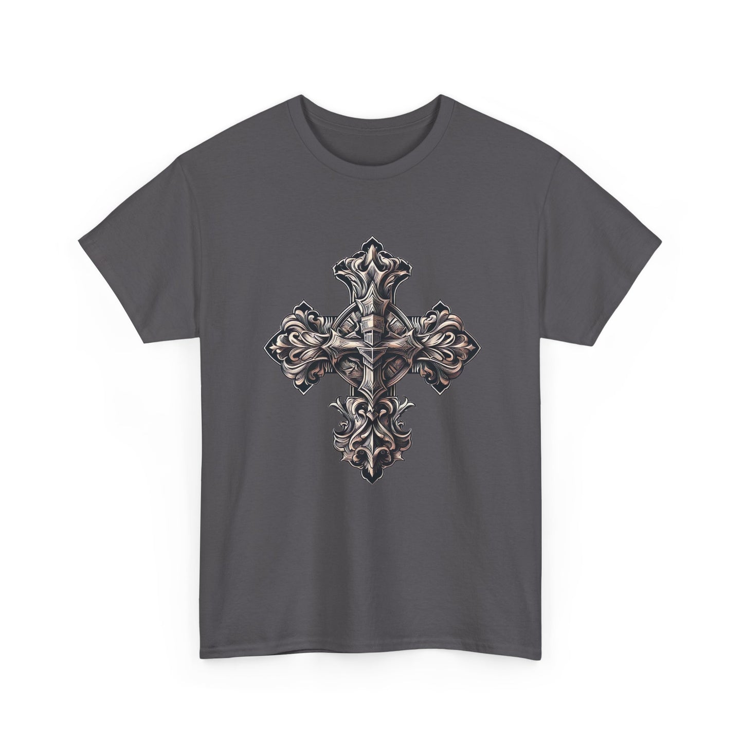 Unisex Heavy Cotton Tee with Wooden Cross Design