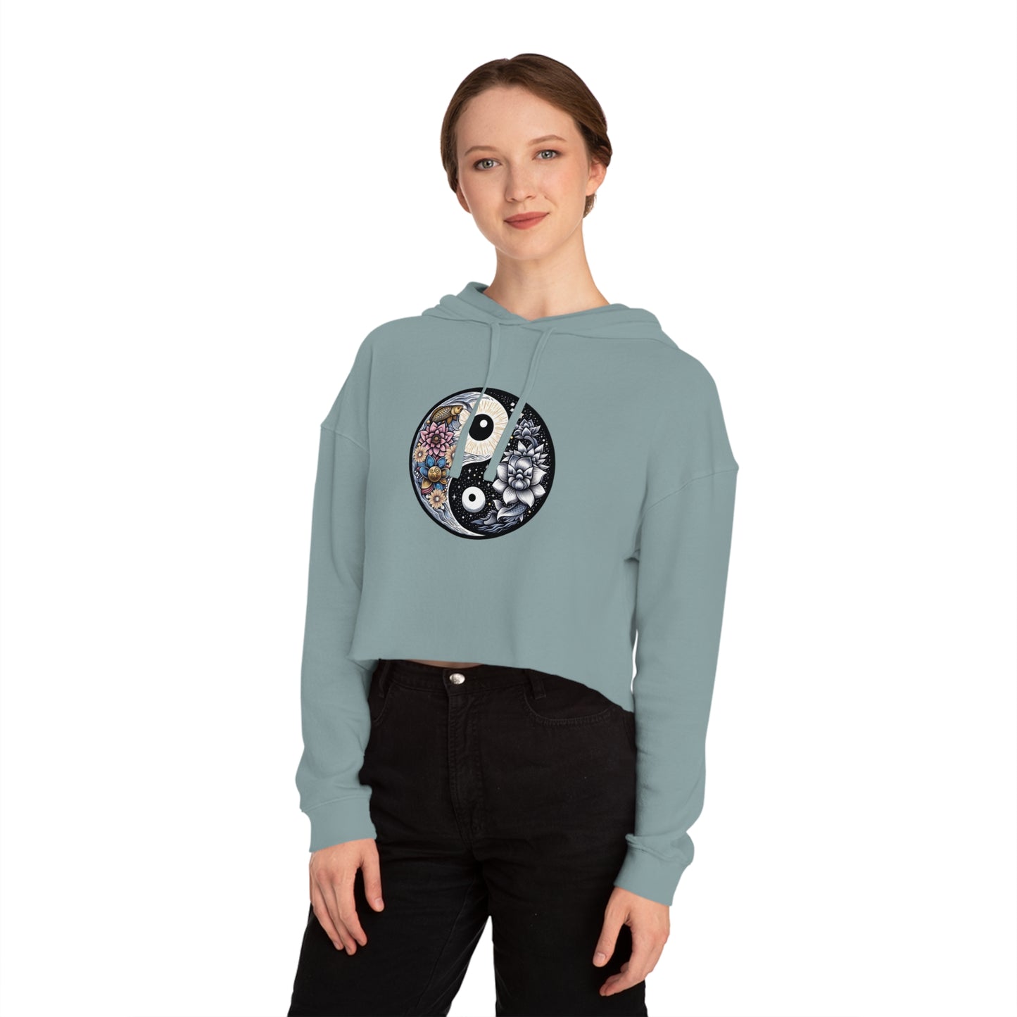 Women’s Cropped Hooded Sweatshirt with Yin Yang Design