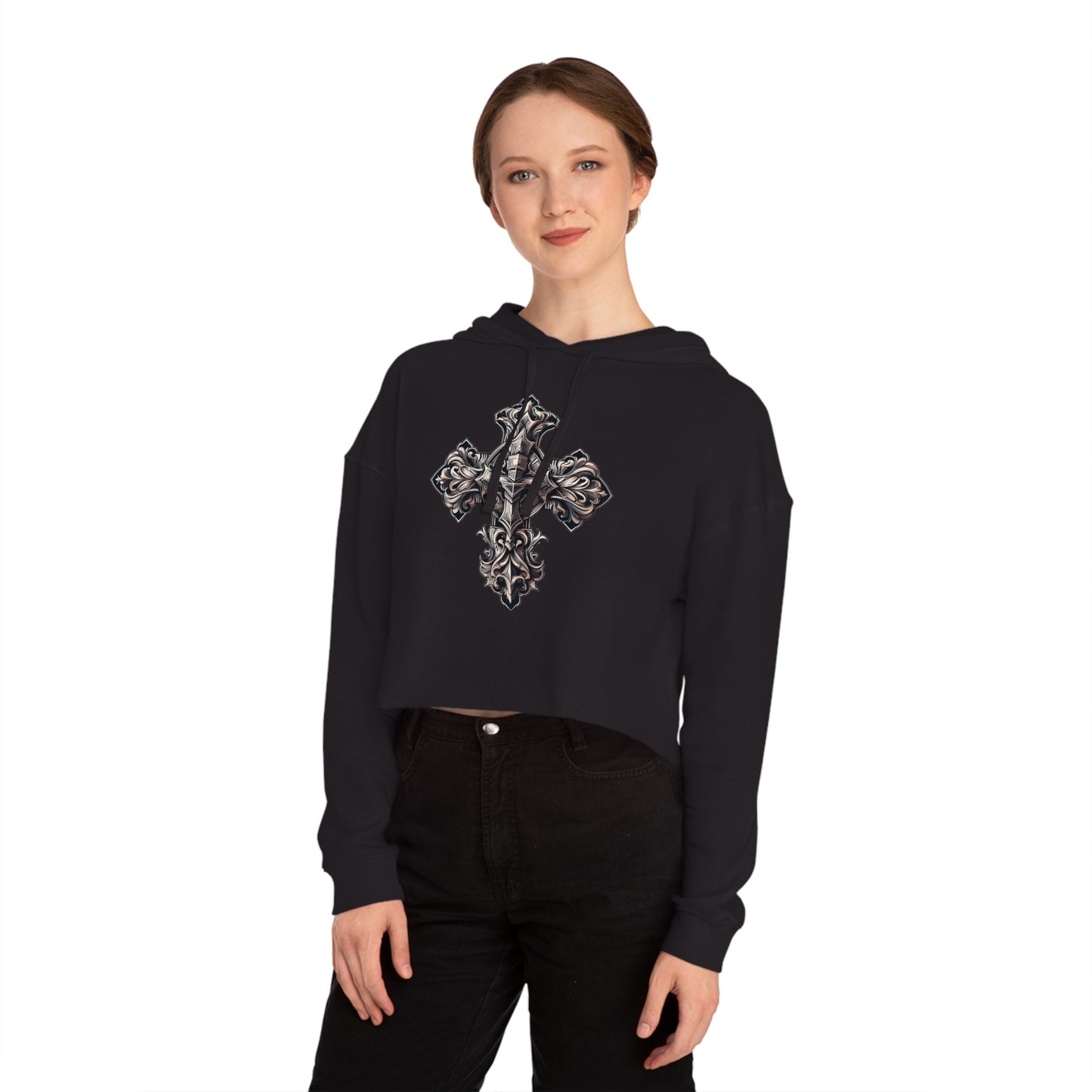 Cropped Hooded Sweatshirt with Decorated Wooden Cross Design