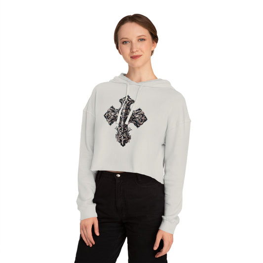 Cropped Hooded Sweatshirt with Decorated Wooden Cross Design